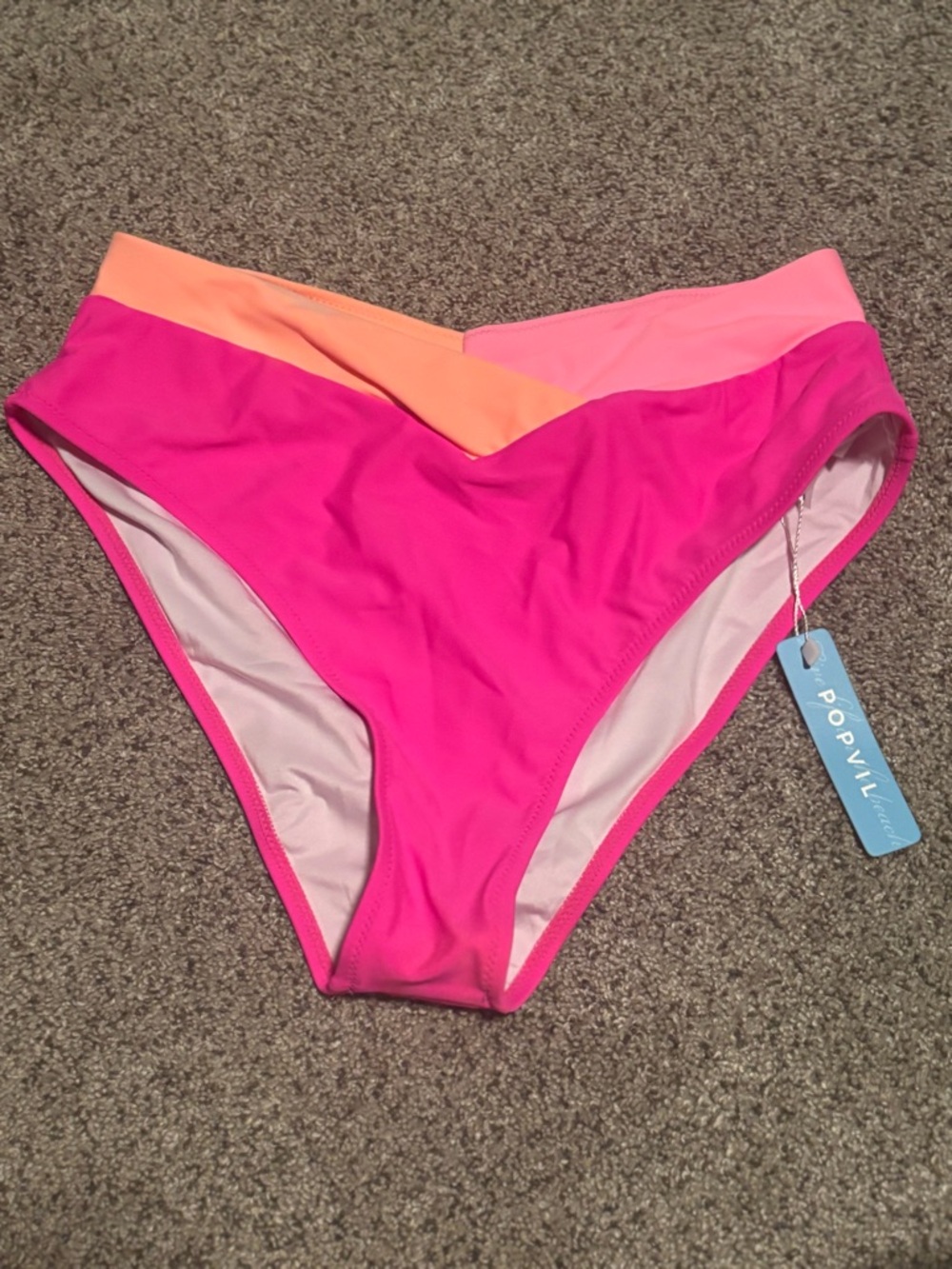 Popvil High-Waist Colorblock Bikini Bottoms - Hot Pink with Peach Accents